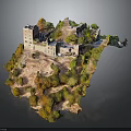 Ancient Stone Castle On Rocky Hill Surrounded By Lush Trees And Historic Tower Structures