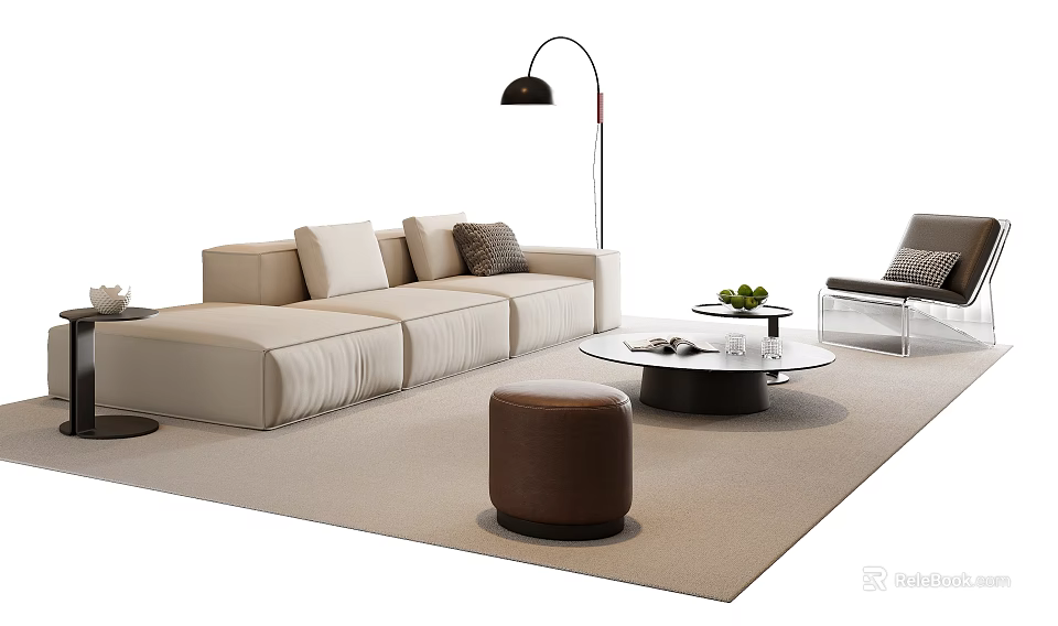 Modern Neutral Tone Sofa and Coffee Table Set with Floor Lamp Accent Chair and Ottoman 3d model 