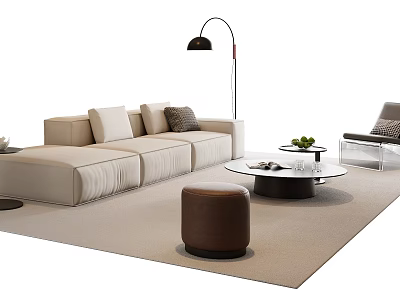 Modern Neutral Tone Sofa and Coffee Table Set with Floor Lamp Accent Chair and Ottoman 3d model