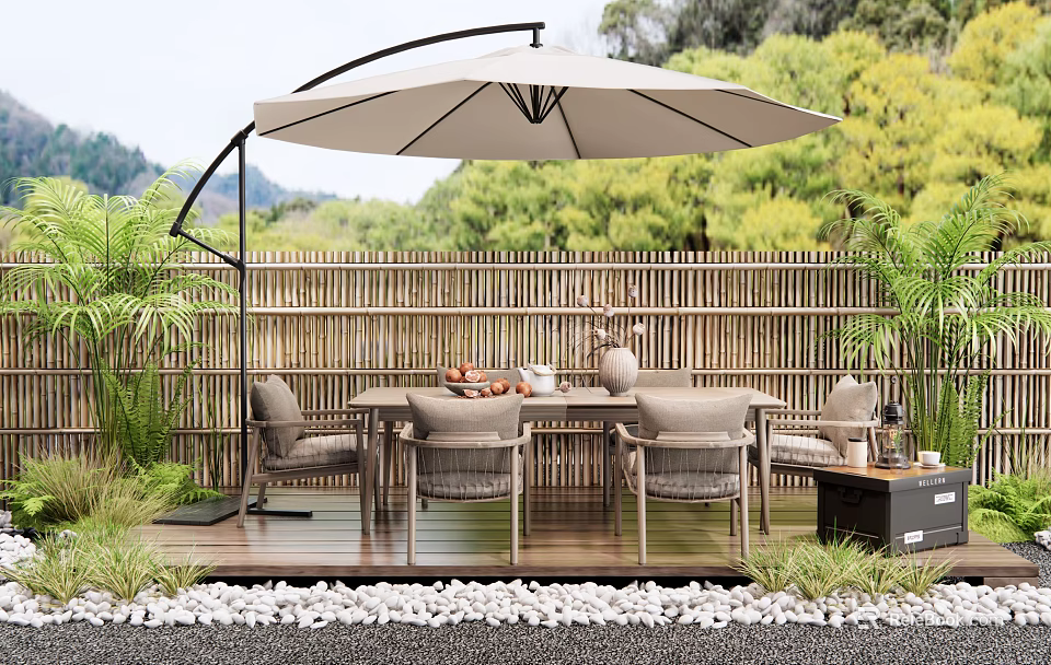 Outdoor Patio Table with Wicker Chairs Large Umbrella Wooden Deck Bamboo Fence and Green Plants 3d model 