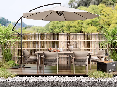 Outdoor Patio Table with Wicker Chairs Large Umbrella Wooden Deck Bamboo Fence and Green Plants 3d model