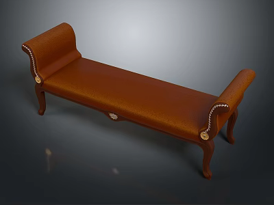 Brown Leather Ottoman Bench With Curved Armrests Decorative Rivets And Wooden Legs 3d model