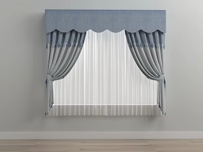 Elegant Blue Curtains With Scalloped Valance And Sheer White Panels 3d model