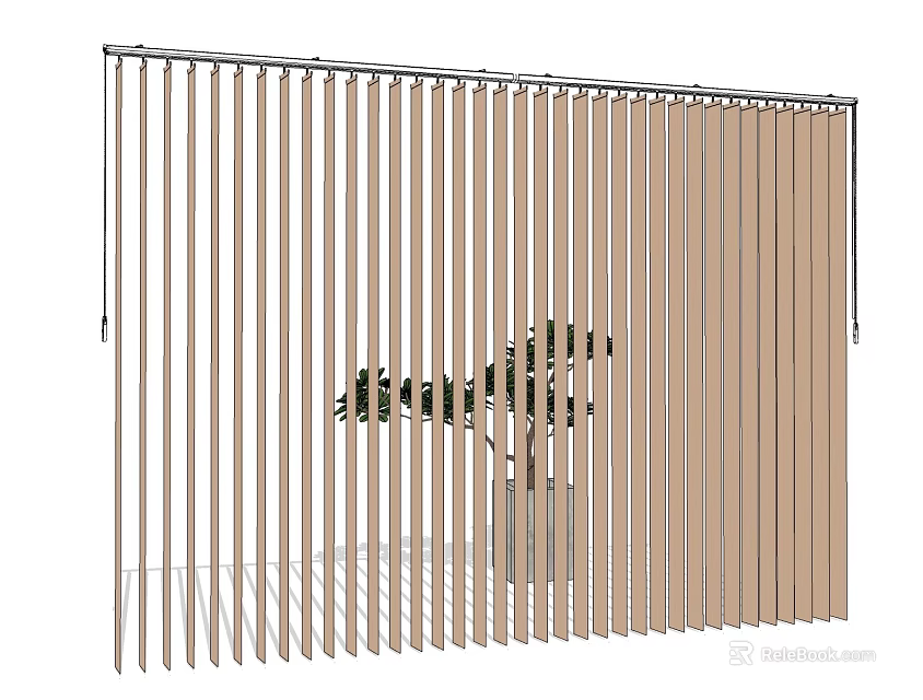 Wooden Venetian Blinds in Light Brown for Indoor Home Decor with Green Plant 3d model 