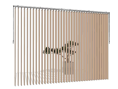 Wooden Venetian Blinds in Light Brown for Indoor Home Decor with Green Plant 3d model