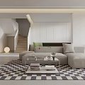 Modern Open Living Dining Room With Wooden Walls Sofa Dining Table And Red Pendant Light