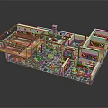 Cartoon Scene Of Wooden Interior With Tables Chairs Railings Stone Floor And Decorative Plants