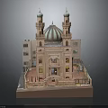 Islamic Architectural Model With Blue Dome Two Minarets Arched Doors And Brown Facade