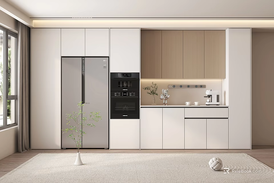 Modern Kitchen Interior With White And Wooden Sideboard Cabinet Appliances And Decorative Plants 3d model 