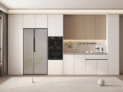 Modern Kitchen Interior With White And Wooden Sideboard Cabinet Appliances And Decorative Plants 3d model