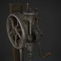 Vintage Industrial Manual Drill Press Machine With Metal Components Wooden Mounting Board And Foot Pedal
