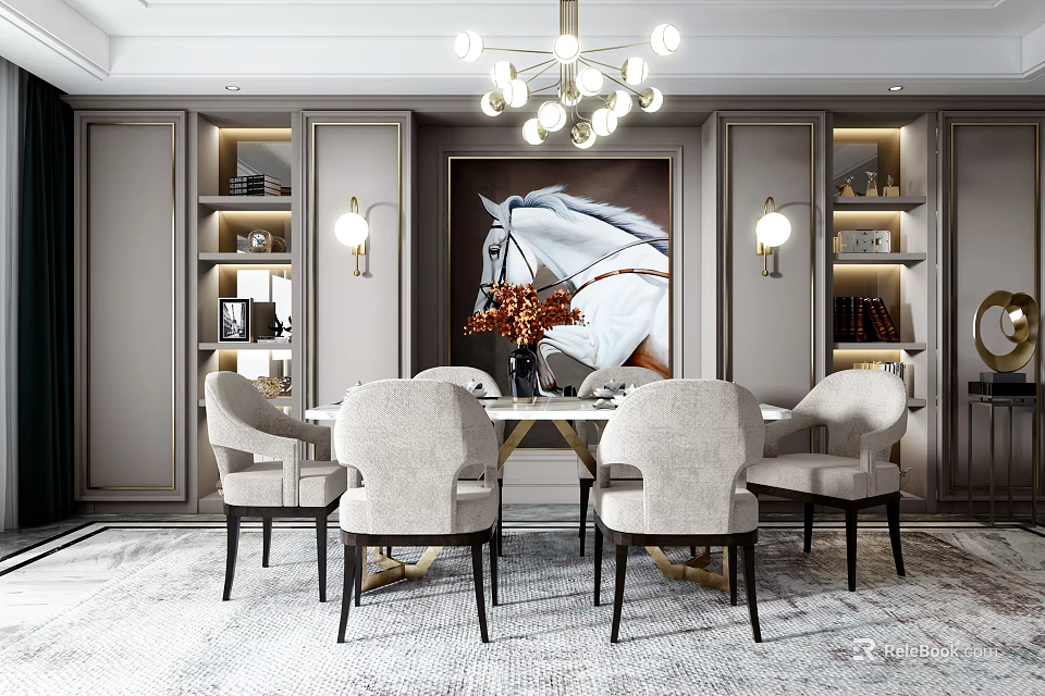Modern Dining Table Set With Chairs Chandelier Horse Painting Shelves And Rug In Dining Room 3d model 