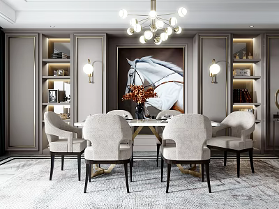 Modern Dining Table Set With Chairs Chandelier Horse Painting Shelves And Rug In Dining Room 3d model