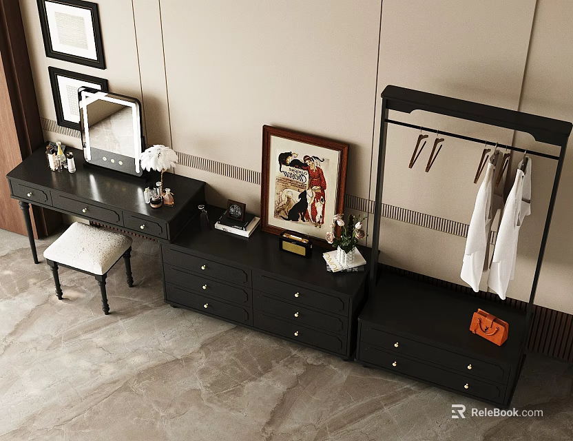 Modern Black Dressing Table With Stool Mirror Framed Artwork Clothes Rack And Orange Bag 3d model 