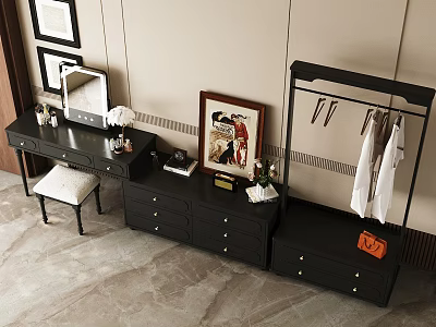 Modern Black Dressing Table With Stool Mirror Framed Artwork Clothes Rack And Orange Bag 3d model