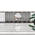 Traditional Chinese Feature Wall With Circular Landscape Decor Vertical Lattice Panels And Pine Tree Reflection 3d model