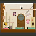 Miniature Room Furniture with Sofa Shelves Window Door Yellow Pillows and Green Cushions