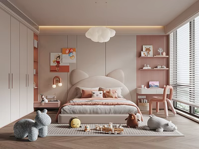 Kids Bedroom Interior With Cat Ear Headboard Cloud Pendant Light Stuffed Toys And Desk Chair 3d model