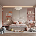 Kids Bedroom Interior With Cat Ear Headboard Cloud Pendant Light Stuffed Toys And Desk Chair