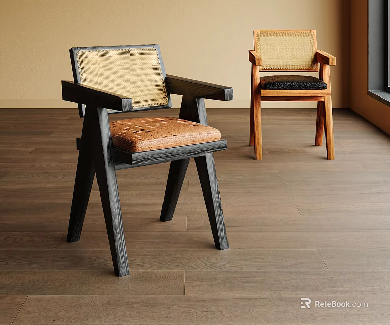 Modern Leisure Chairs With Dark And Light Wooden Frames Woven Backrests And Padded Seats 3d model 