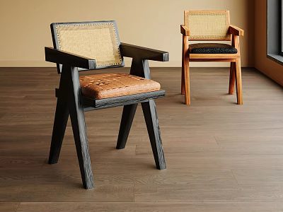 Modern Leisure Chairs With Dark And Light Wooden Frames Woven Backrests And Padded Seats 3d model