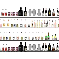 Various Types of Wine Bottles and Glasses Neatly Arranged on Display Shelves with Mixing Tools