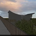 Modern Post Station Architectural Design With Curved Roof Glass Facade And Green Lawn