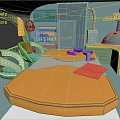 Cartoon Room Interior With Octagonal Yellow Table White Chairs Green Cabinets And Blue Walls