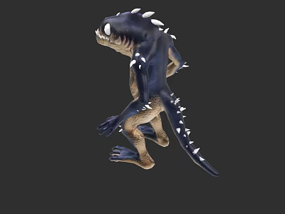 3D Model of Reptile with Black and Blue Body Spiked Back and Fierce Posture 3d model