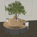 Circular Outdoor Chair Featuring Light Dark Striped Material Large Tree Center Small White Flower Pots