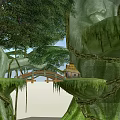 Giant Arbor With Green Mossy Trunk Small Green House Platform And Boat Surrounded By Vines
