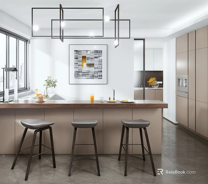 Modern Kitchen Interior Design With Island Stools Cabinets Windows And Artwork 3d model