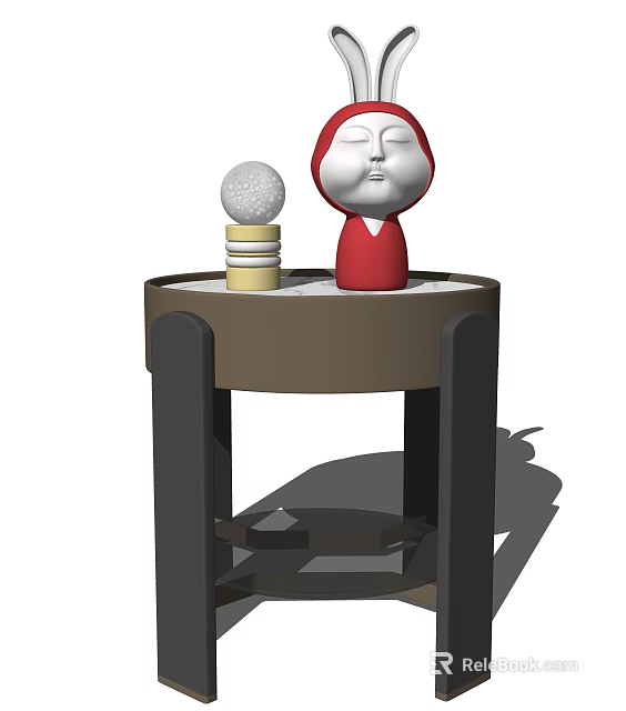 Round Side Table With Brown Top Black Legs White Decorative Ball And Red Doll Ornament 3d model 