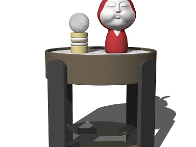 Round Side Table With Brown Top Black Legs White Decorative Ball And Red Doll Ornament 3d model