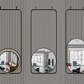 Modern Round Wall Mirrors With Different Frame Styles Reflecting Interior Spaces On Striped Wall 3d model