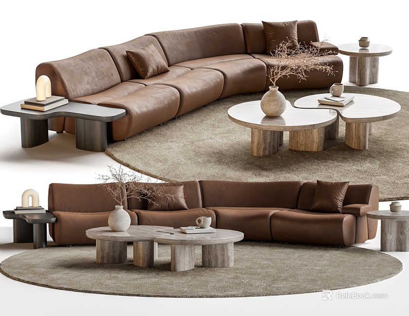 Brown Leather Sofa And Wooden Round Coffee Table Set With Carpet And Decor 3d model 