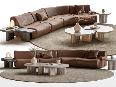 Brown Leather Sofa And Wooden Round Coffee Table Set With Carpet And Decor 3d model