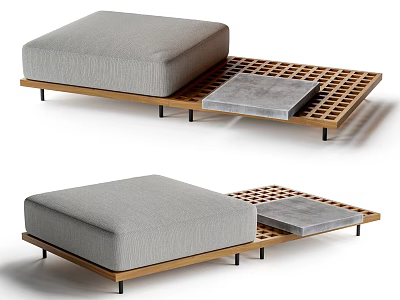 Outdoor Sofa with Wooden Frame and Gray Cushions on Slatted Base Including Side Table 3d model