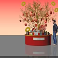 Floral Installation with Decorative Tree Red Lanterns and Gold Ornaments on Red Base