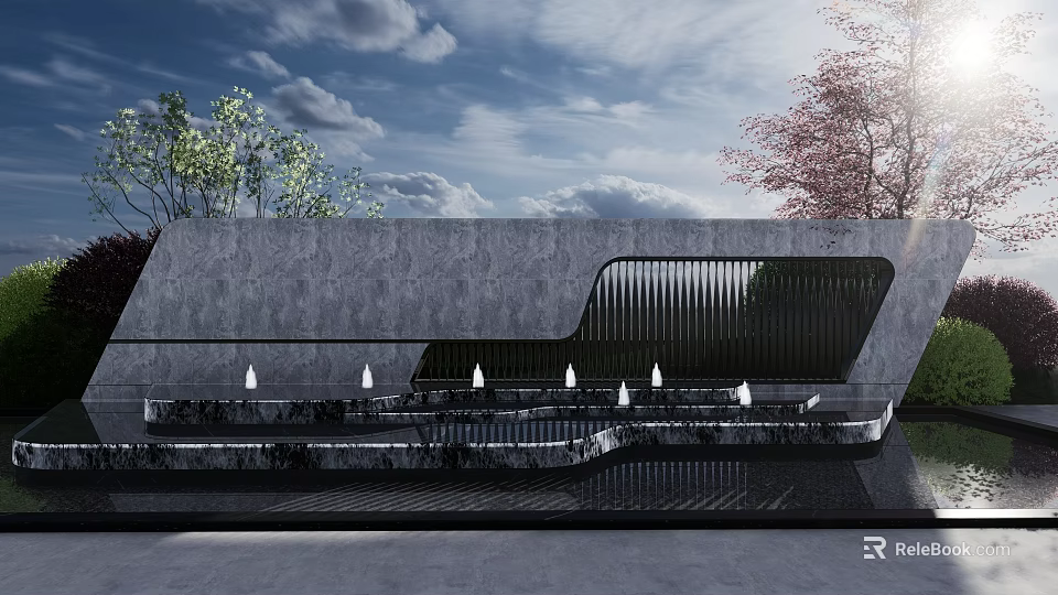 Modern Concrete Landscape Wall With Vertical Slats Water Feature Lighting And Trees Under Blue Sky 3d model 