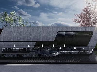 Modern Concrete Landscape Wall With Vertical Slats Water Feature Lighting And Trees Under Blue Sky 3d model