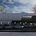Modern Concrete Landscape Wall With Vertical Slats Water Feature Lighting And Trees Under Blue Sky