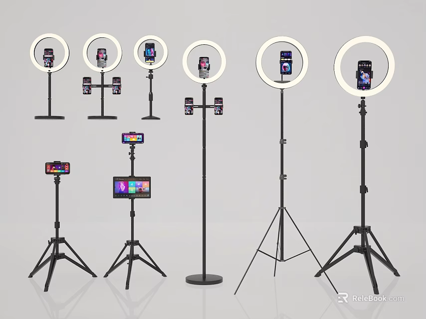 Ring Light Phone Stands With Multiple Device Holders And Adjustable Tripods For Live Streaming 3d model 