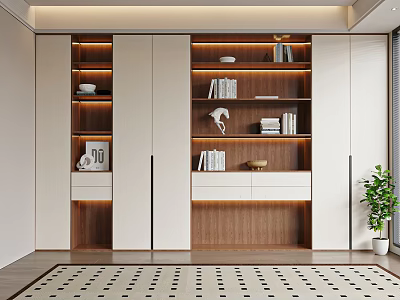 Modern Elegant Bookcase Interior With White Wooden Frame Light Strip And Decorative Items 3d model