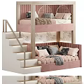 Pink Kids Bunk Bed With Staircase Lighting Soft Pillows And Decorative Wall