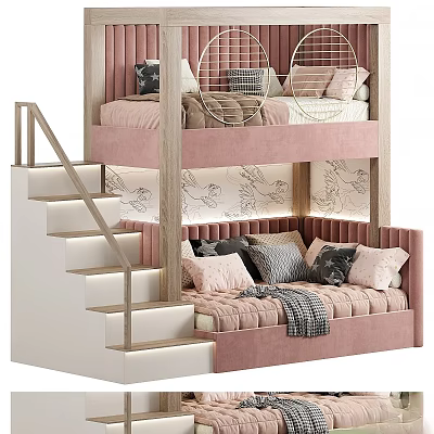 Pink Kids Bunk Bed With Staircase Lighting Soft Pillows And Decorative Wall 3d model