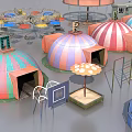 Colorful Amusement Equipment Collection With Ferris Wheel Carousel Tents Tracks Tunnel And Vehicles