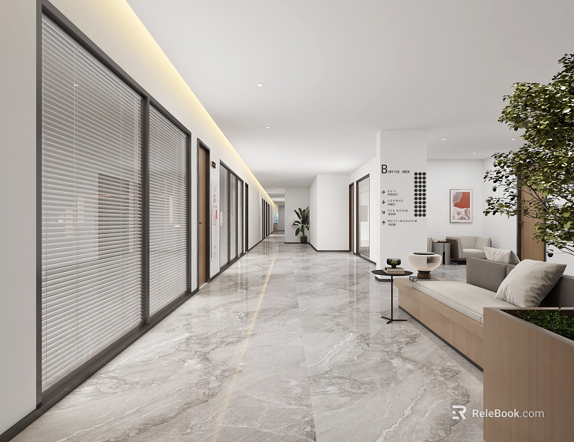 Spacious Modern Office Corridor With Marble Floor Glass Partitions Plants And Lounge Area 3d model 