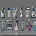 Various Service Robots With Different Designs Screen Displays And Colors On