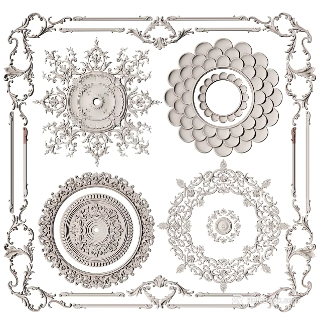 Ornate Carved Decorative Design Elements With Intricate Circular Patterns And Details 3d model 